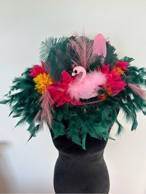 Kentucky Derby Hat Handmade Flamingo Statement Floral Feather Wide Brim”